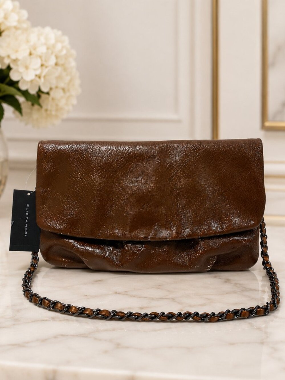 Elie Tahari Emory Copper Goat Leather Convertible Clutch Shoulder Bag Chain